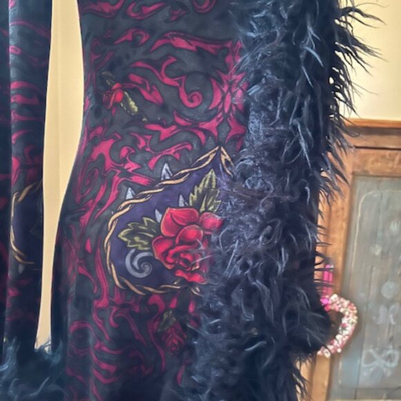 Vintage Betsey Johnson 'Frankie loves Johnny' Tattoo Design Velvet Duster Coat - Picture 3 of 8